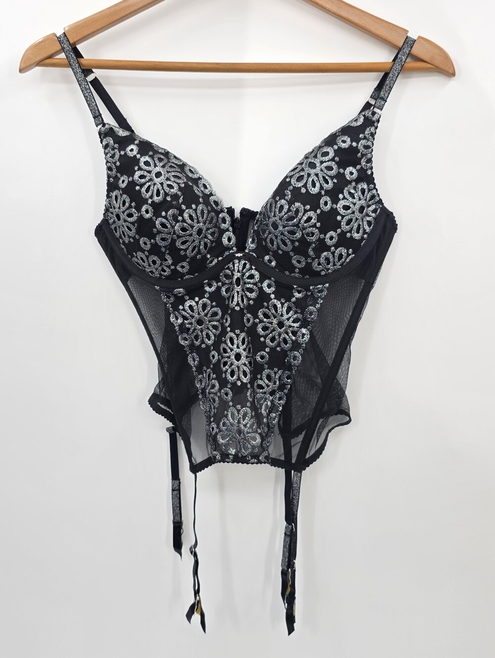 Victoria's Secret Silver Black Lace Corset Bra Lingerie Size 36B
